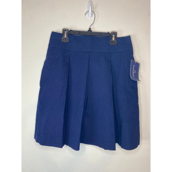 NWT Lauren James Navy Blue Seersucker Pleated Skirt Pockets Preppy Medium - Picture 1 of 11